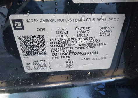 2021 GMC Sierra 1500 4Wd Short Box Elevation из США, поврежденный, VIN 3GTU9CED2MG191541